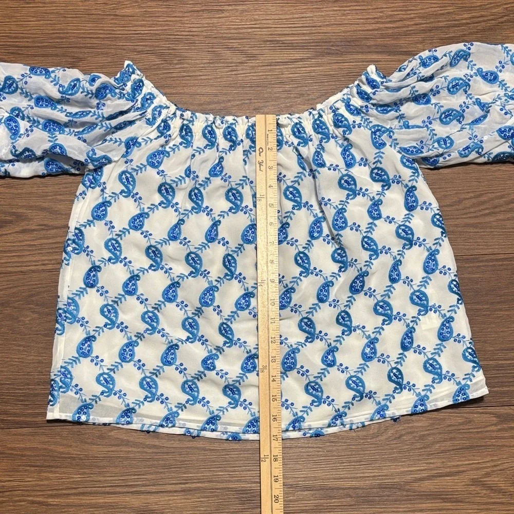 Lilly Pulitzer Alva Off-Shoulder Top Baha Blue Paisley Sequin Print Size S - Picture 4 of 7